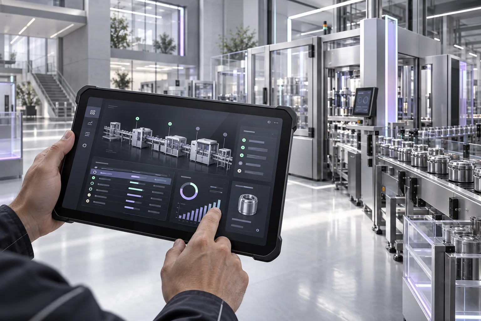 Operador usando um sistema de produção em um tablet no chão de fábrica