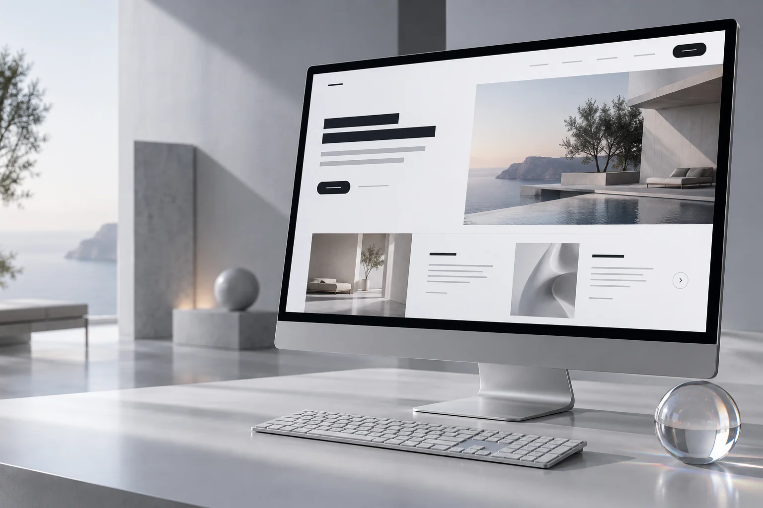 Computador exibindo uma landing page em um estúdio de estética clara e futurista